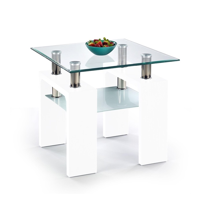 Üveg dohányzóasztal, Halmar, Diana H tér, fehér fényű / átlátszó / tejszerű