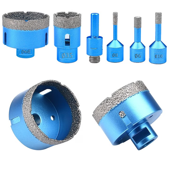 Set 6 carote, XGETOP®, Otel, M14, 3.5 cm, Dimensiunea universala a tijei, Design pentru indepartarea cipurilor cu gura larga, pentru acoperire cu diamant, otel carbon, ceramica, gresie, marmura, Albastru