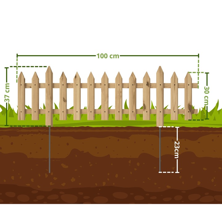 Gard pentru gradina, Floranica, infipt in pamant, din lemn - Pin, inaltime: 30 cm - Neimpregnat - 3 bucati