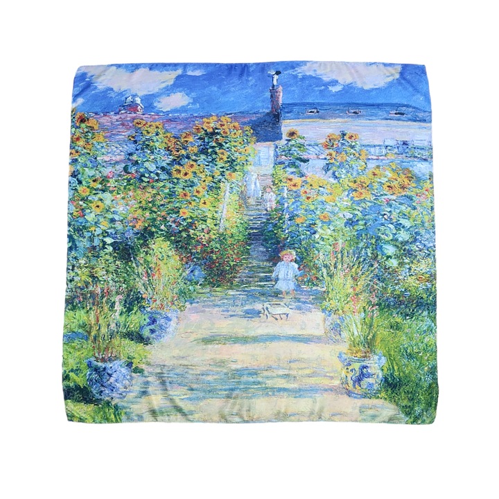 Esarfa patrata din matase imprimata pe ambele fete, peisaje florale cu gradini