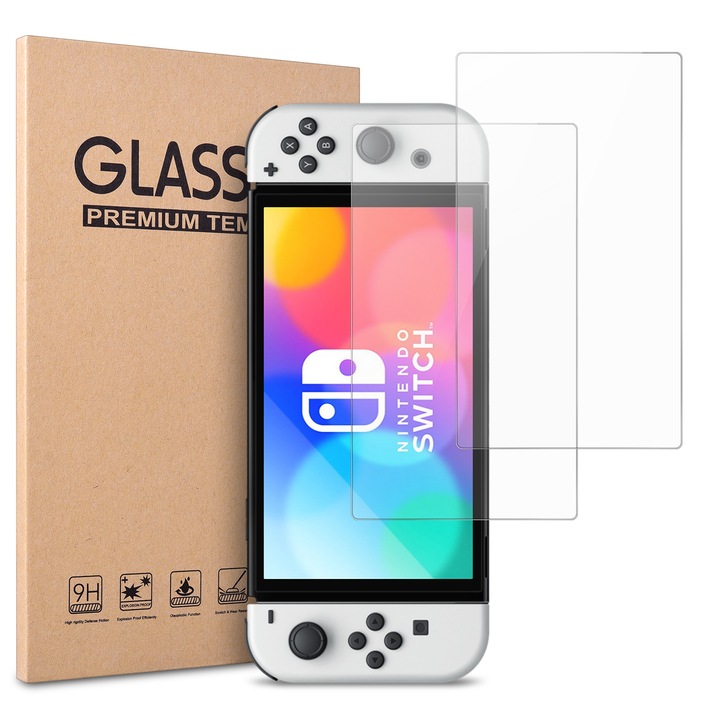 Set 2 Folii Protectie Sticla Temperata pentru Nintendo Switch OLED 2021, Ultra-Clar, Rezistent la Zgarieturi, 7 inch