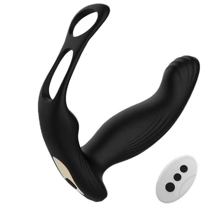 Vibrator anal 4-in-1, WALALLA, masaj prostata, inel penis, 10 moduri vibratii si incalzire, Negru, 14cm