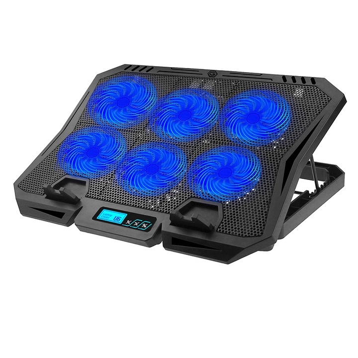 BOMSTOM laptop hűtőállvány, 6 db csendes ventilátor, állítható magasságú, fekete, 35,5x25,8x3,3 cm