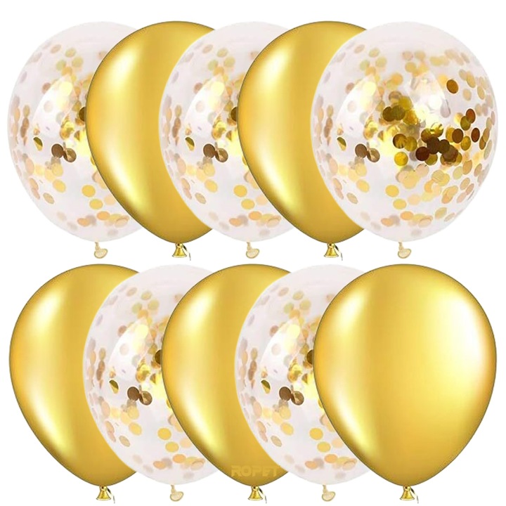 Set 10 baloane latex, confetti aurii, Auriu, 30cm, Ropet
