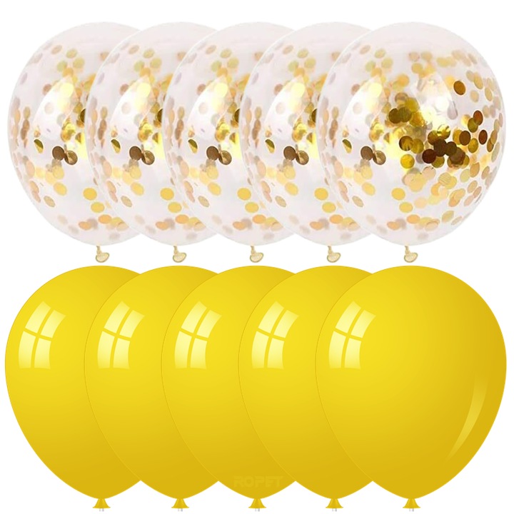 Set 10 baloane latex, confetti aurii, Galben, 30cm, Ropet
