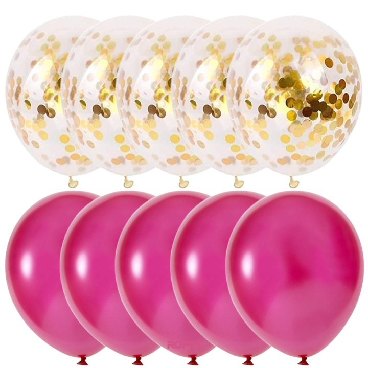 Set 10 baloane latex, confetti aurii, Roz, 30cm, Ropet