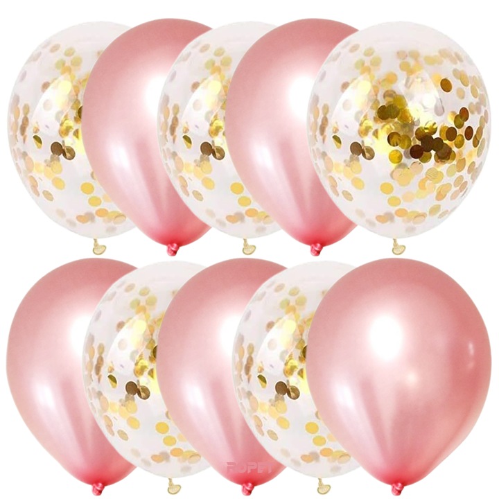 Set 10 baloane latex, confetti aurii, Rose Gold, 30cm, Ropet