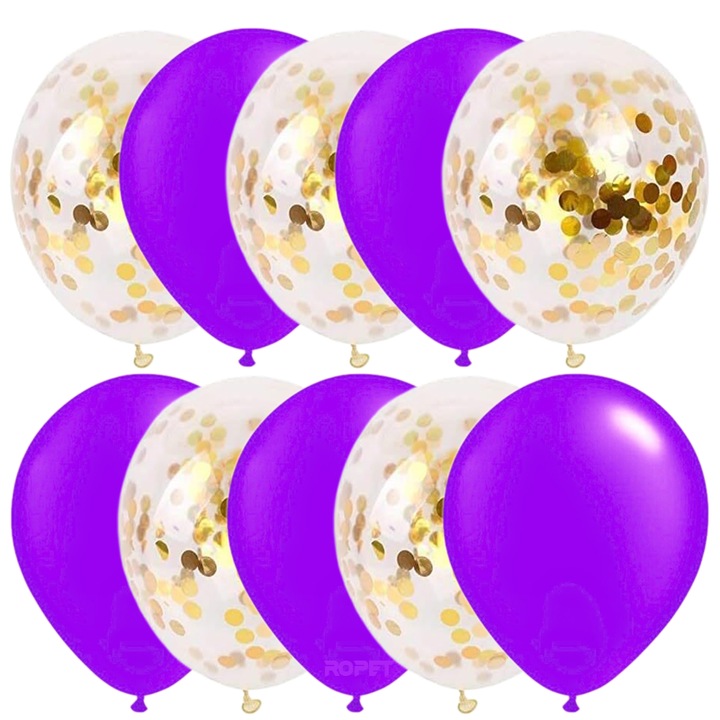 Set 10 baloane latex, confetti aurii, Mov, 30cm, Ropet