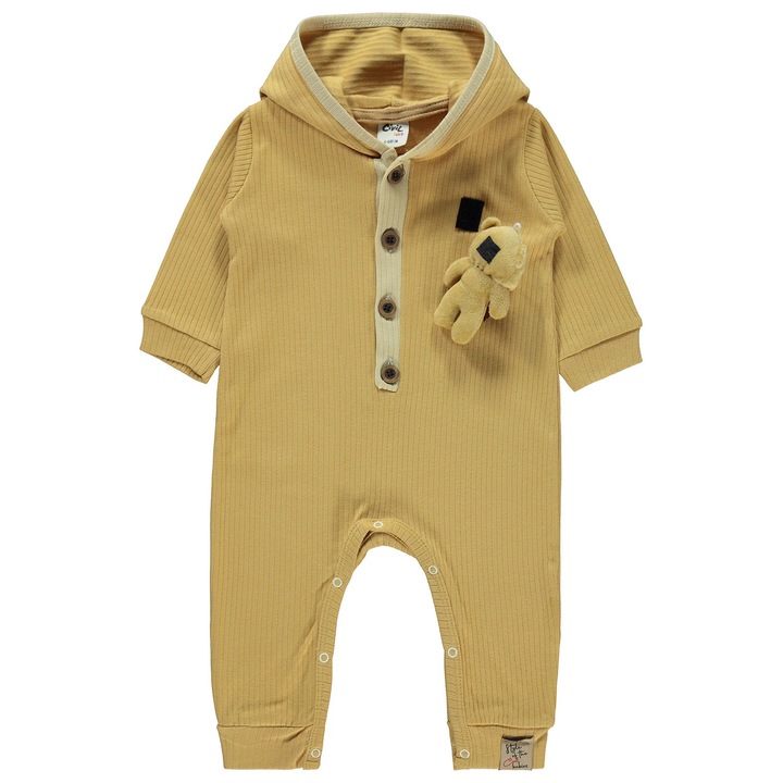 Salopeta cu ursulet detasabil, maneca lunga si gluga BABY URSULET uni pentru bebelusi, ERAKIDS, 100% bumbac premium, Galben mustar