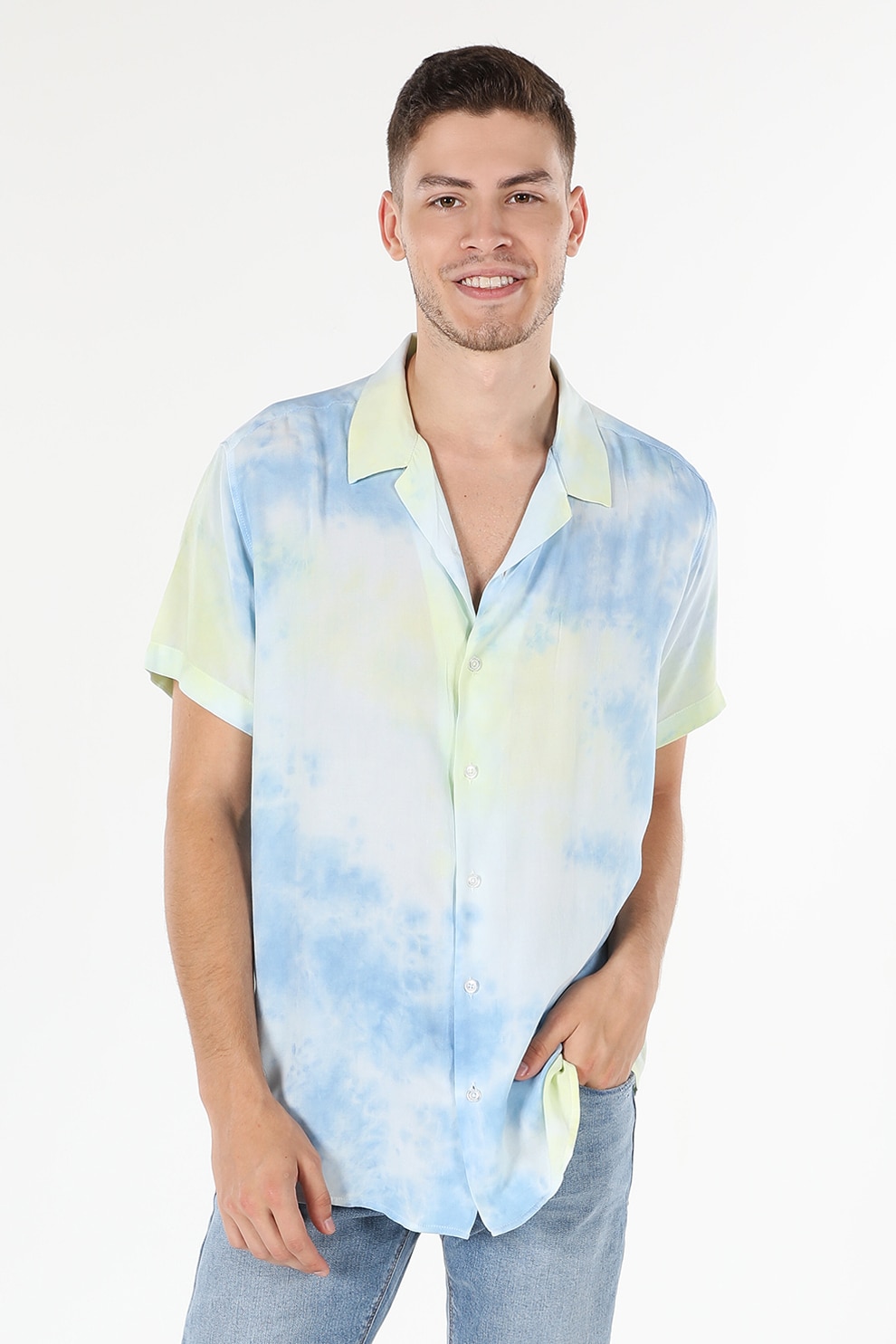 COLIN'S, Camasa cu maneci scurte si model tie-dye, Galben pal, Albastru deschis, S