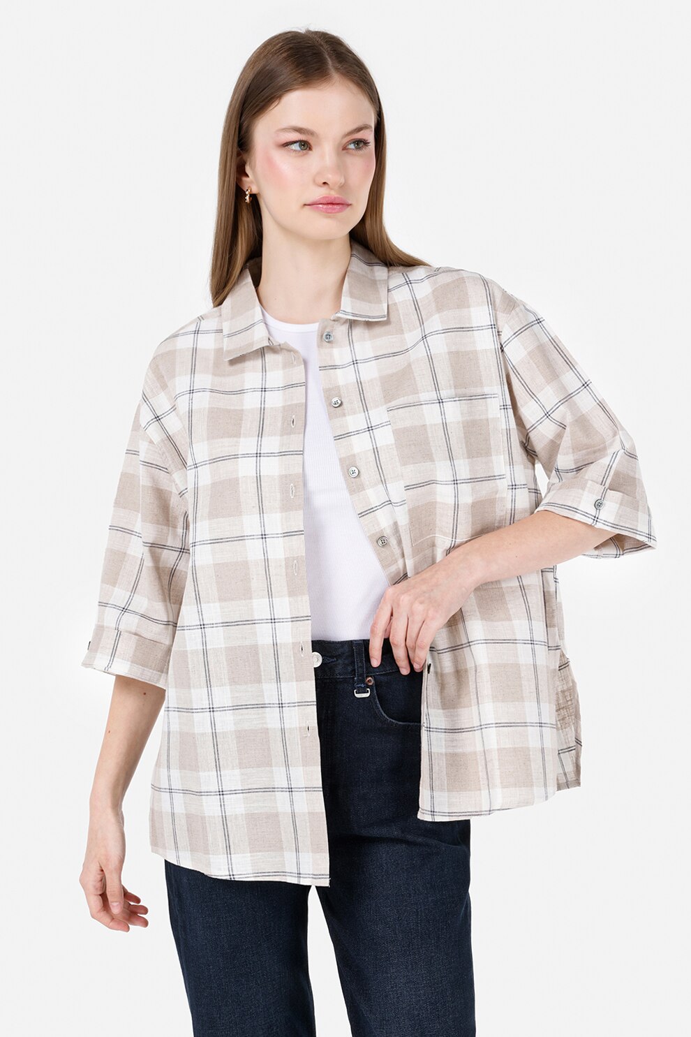 COLIN'S, Camasa din amestec de in cu maneci medii, Alb, Bej, XS