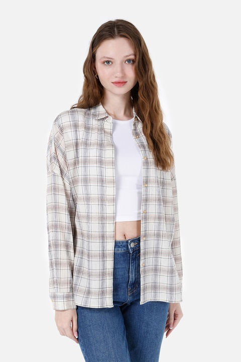 COLIN'S, Camasa cu model in carouri si maneci cazute, Negru/Maro/Alb murdar, XS-S