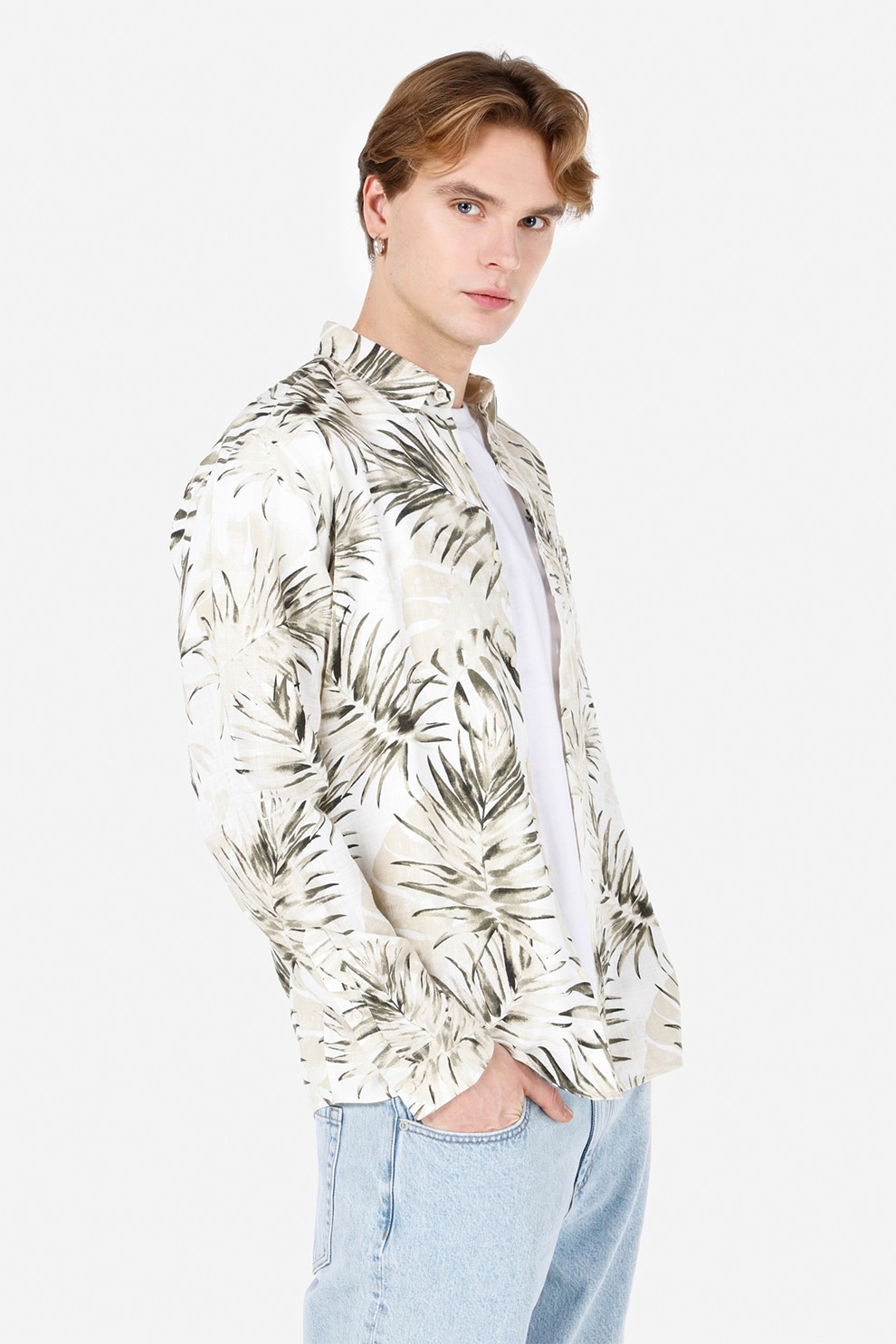COLIN'S, Camasa din amestec de in cu imprimeu tropical, Kaki, Crem, M