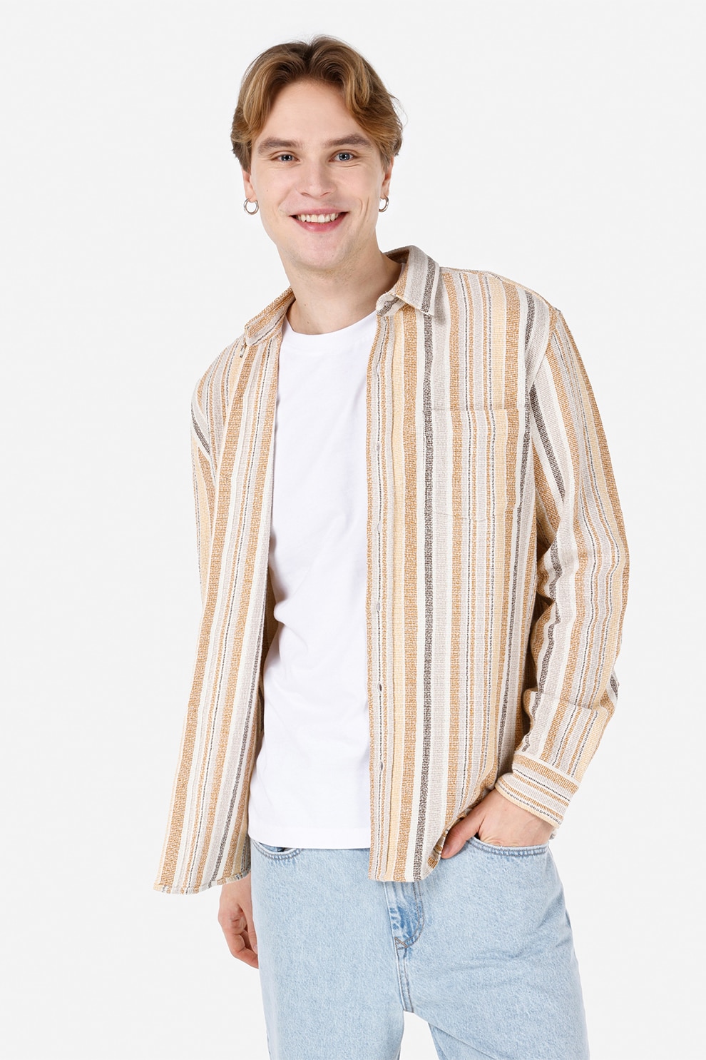 COLIN'S, Camasa din bumbac cu model in dungi, Alb, Portocaliu pal, L