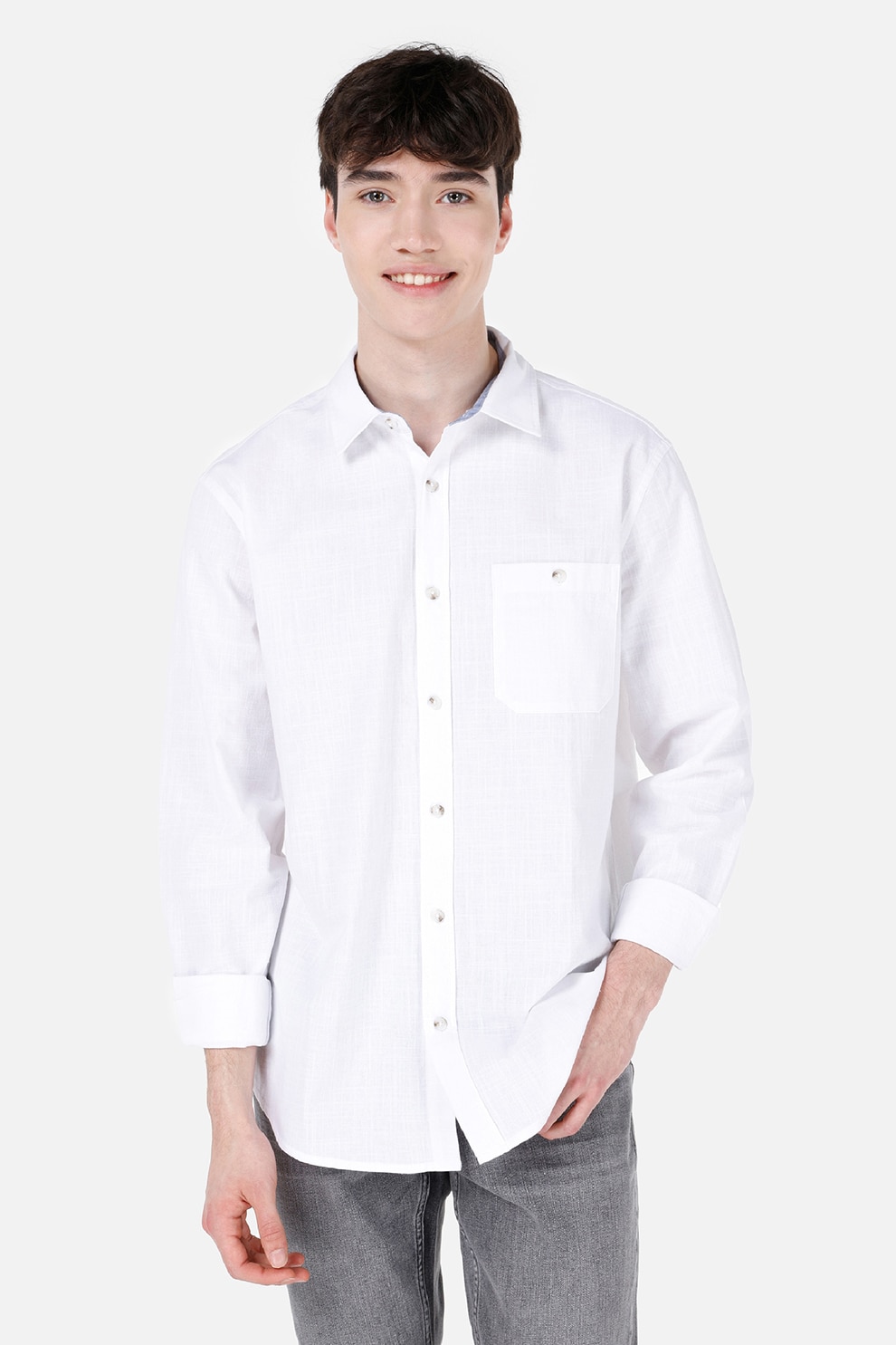 COLIN'S, Camasa uni de bumbac cu guler ascutit, Alb, S