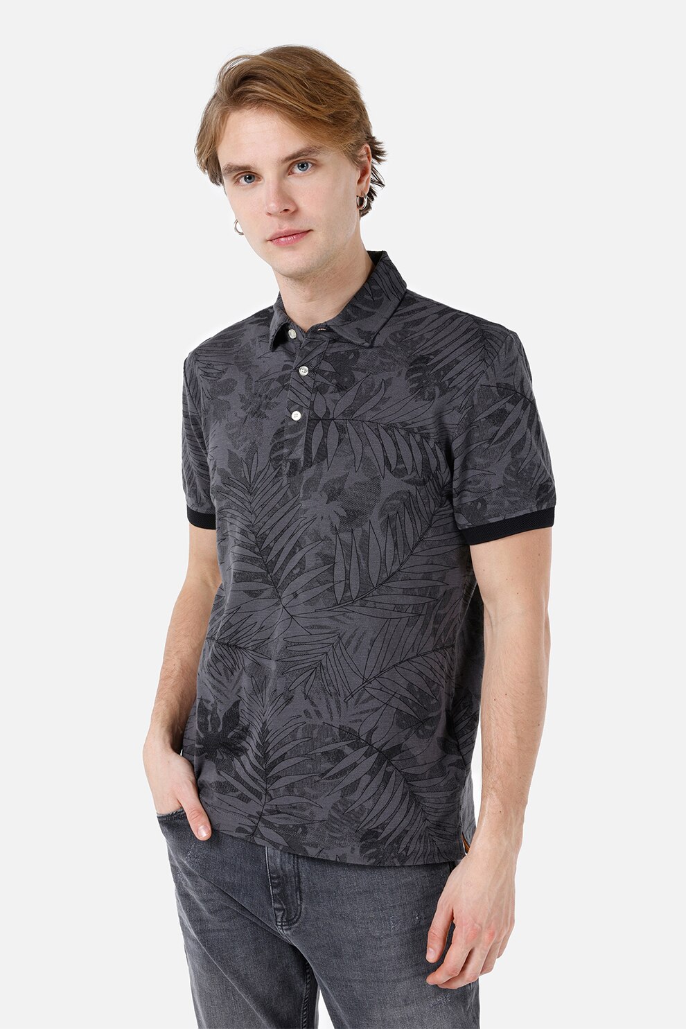 COLIN'S, Tricou polo din bumbac cu imprimeu tropical, Gri inchis, S