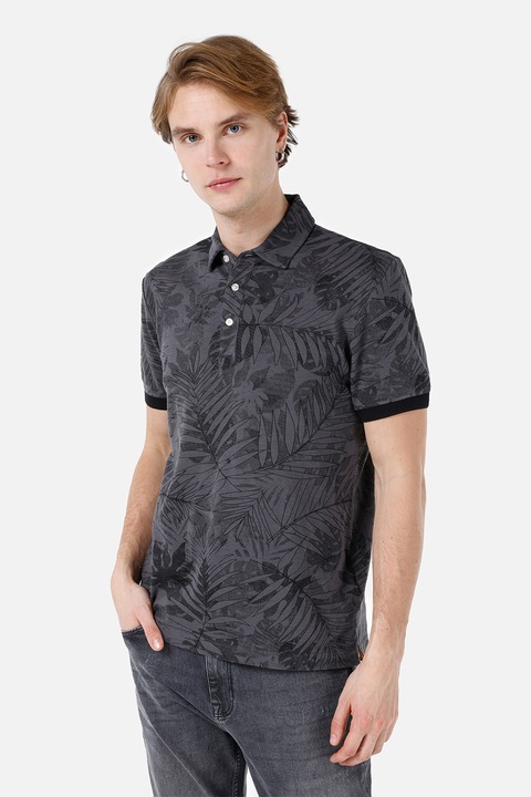 COLIN'S, Tricou polo din bumbac cu imprimeu tropical, Gri inchis
