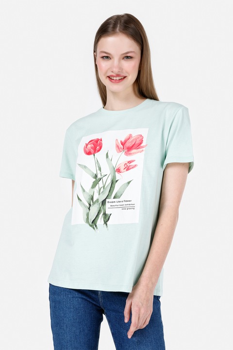 COLIN'S, Tricou din bumbac cu imprimeu floral, Verde pal/Roz