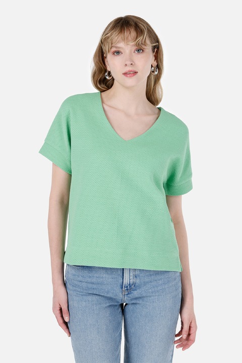 COLIN'S, Tricou lejer cu decolteu in V si aspect texturat, Verde, S