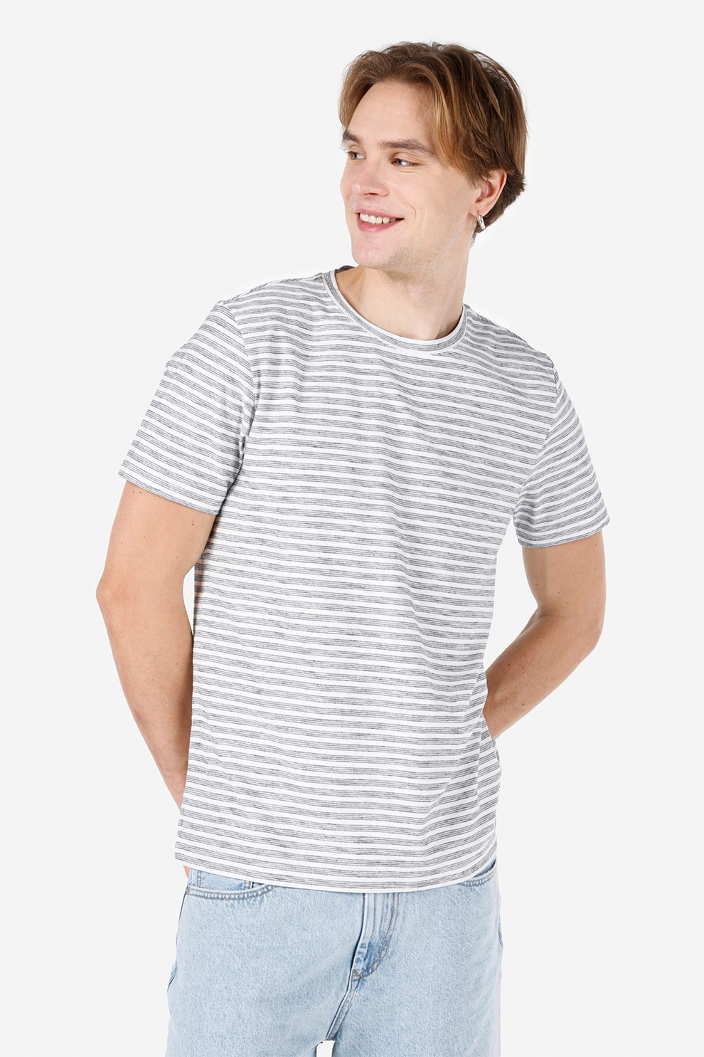COLIN'S, Tricou din bumbac cu model in dungi, Gri deschis, M