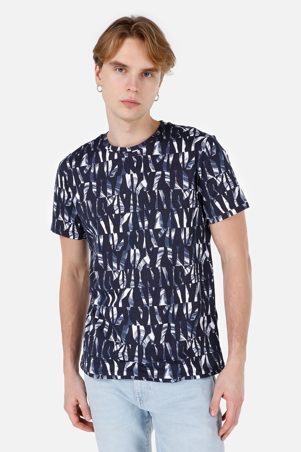 COLIN'S, Tricou cu model abstract, Alb optic, Bleumarin, S