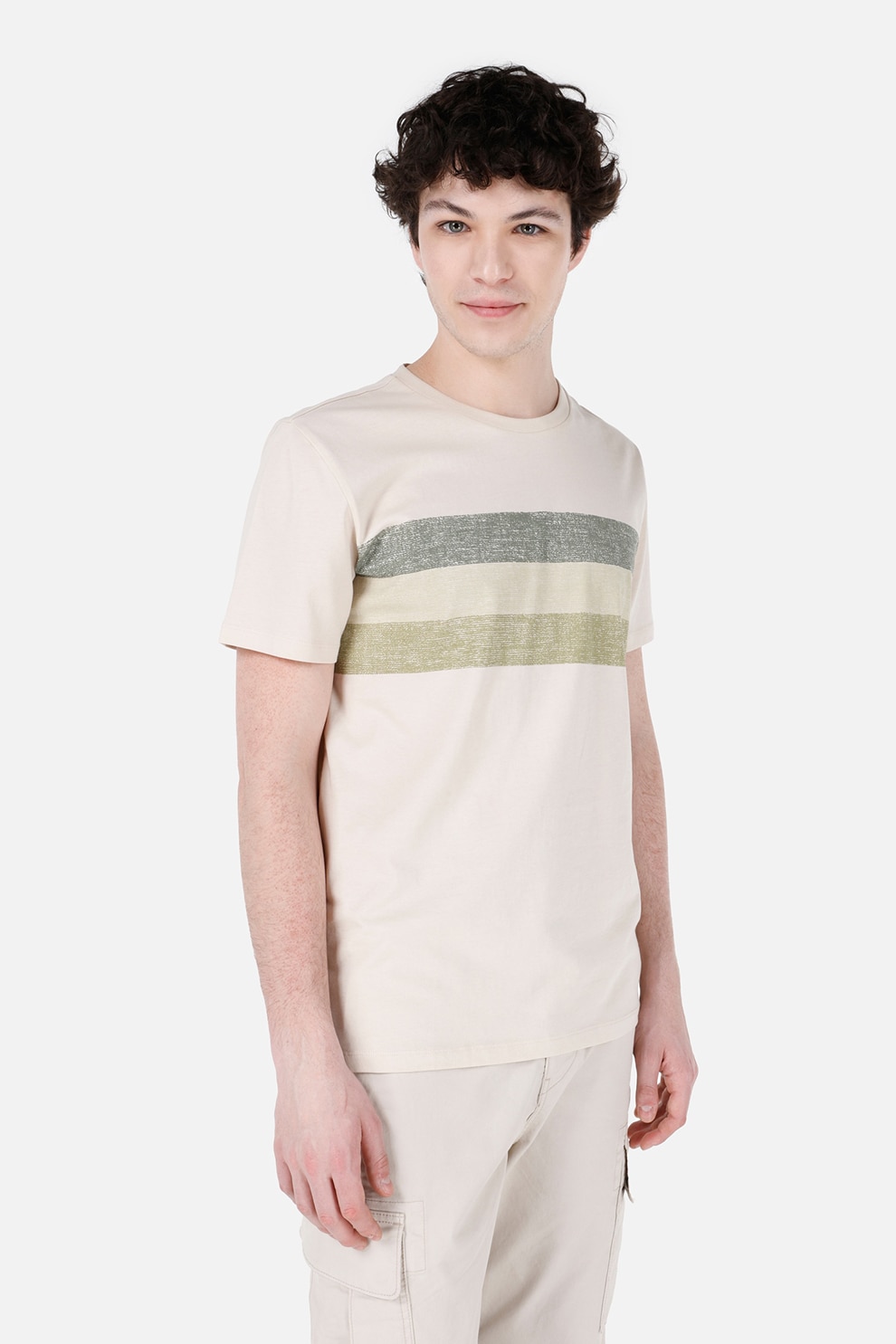COLIN'S, Tricou din bumbac cu decolteu la baza gatului, Alb murdar, Grej, XS