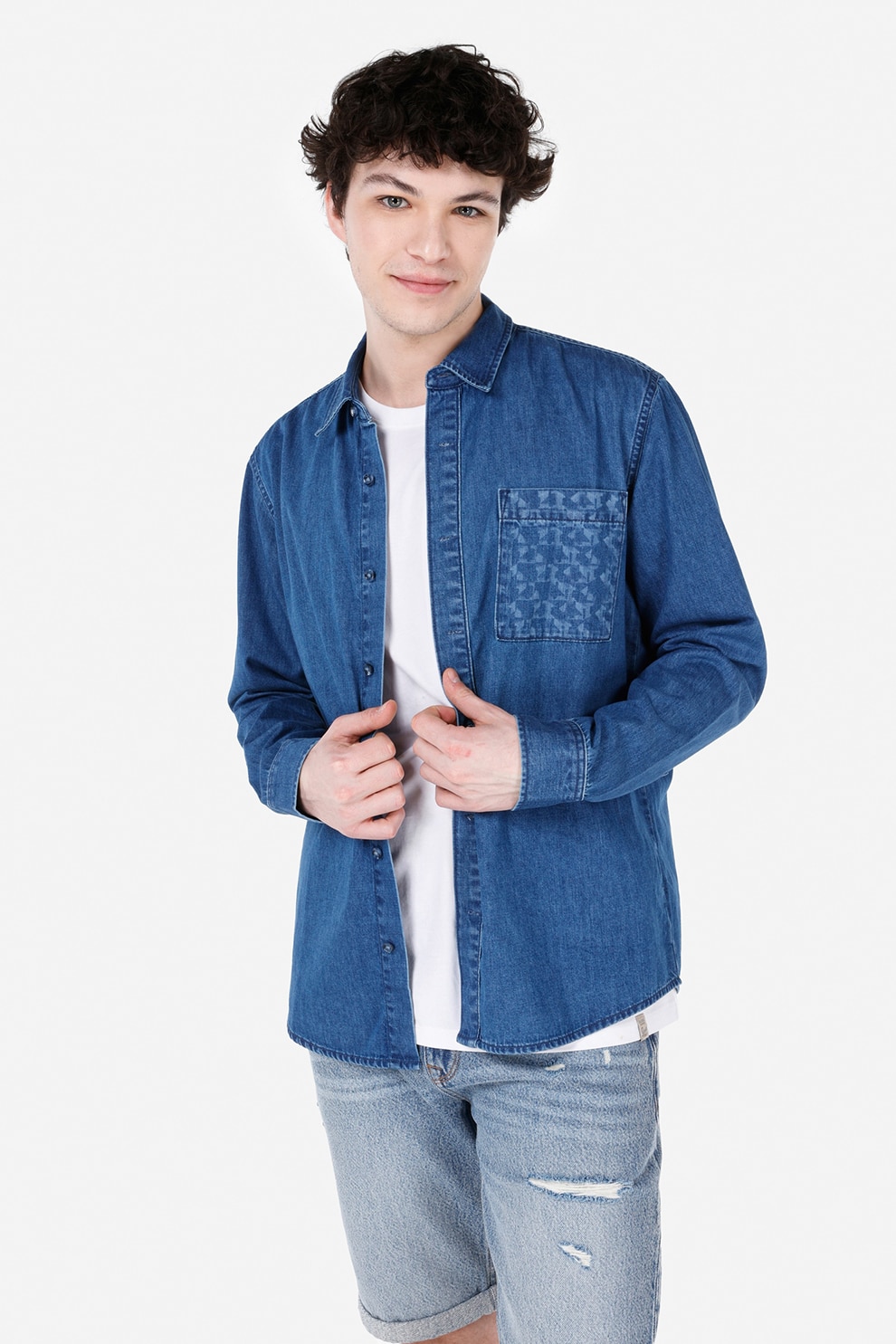 COLIN'S, Camasa din denim cu buzunar aplicat, Albastru inchis, M