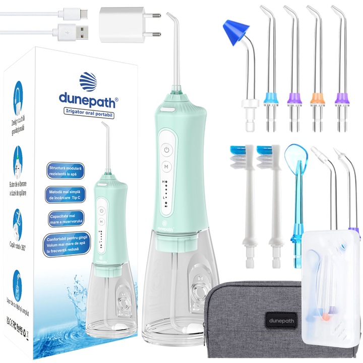 Irigator Oral Profesional pentru Dus Bucal, Dunepath®, Cablu USB-C pentru incarcare, Rezistenta la apa IPX7, Protectie supraincalzire, 300 ml, 5 trepte de presiune, 2500 mAh, Adaptor, Geanta transport, Carcasa cu 10 duze incluse, Verde