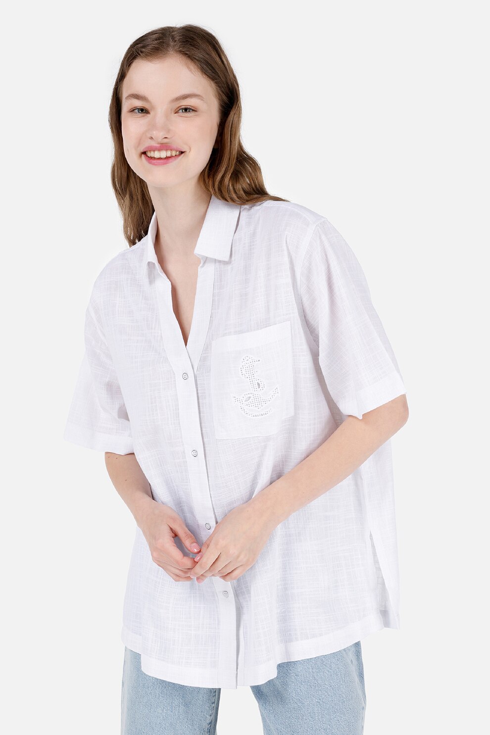 COLIN'S, Camasa din amestec de bumbac cu maneci cazute, Alb, XS-S