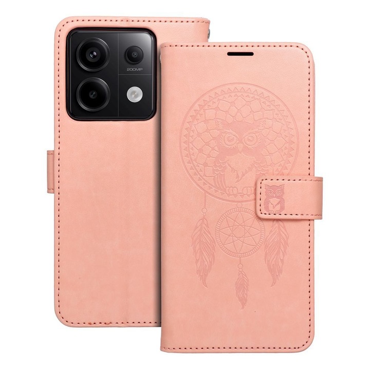 Xiaomi Redmi Note 13 Pro 5G kompatibilis könyvtok, bankkártyatartós, mágneszáras, álomfogó mintás, barack színű, Forcell Mezzo
