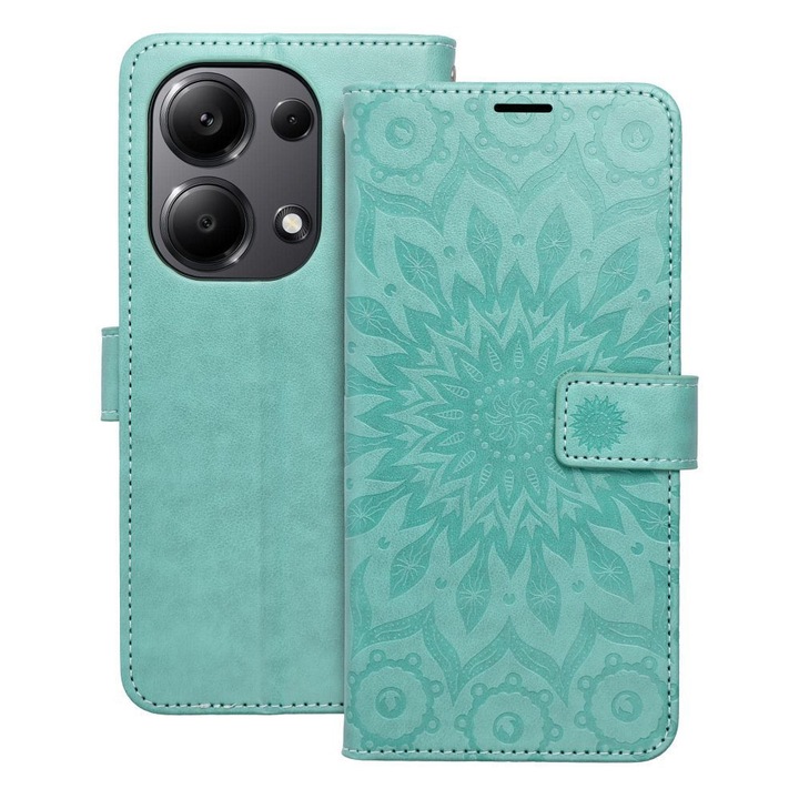 Xiaomi Redmi Note 13 Pro 4G / Poco M6 Pro 4G kompatibilis könyvtok, bankkártyatartós, mágneszáras, mandala mintás, zöld, Forcell Mezzo