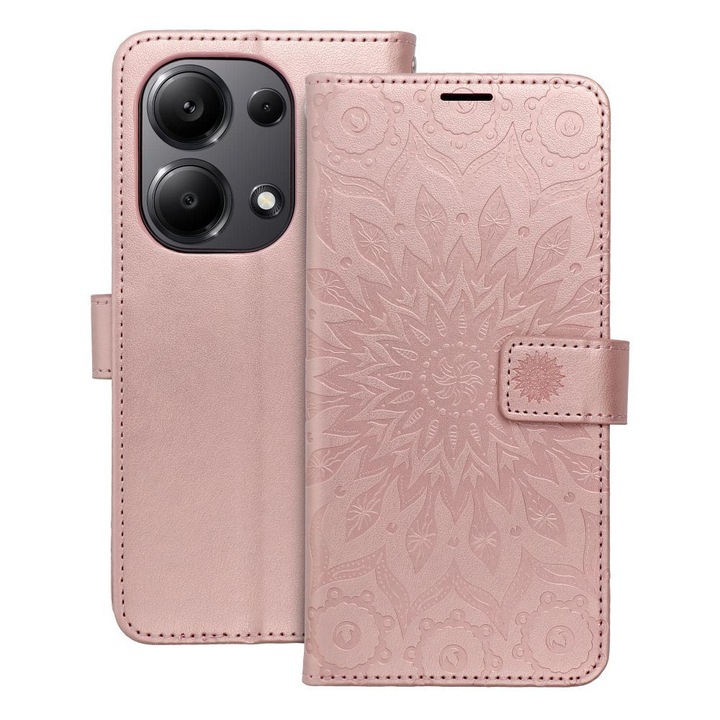 Xiaomi Redmi Note 13 Pro 4G / Poco M6 Pro 4G kompatibilis könyvtok, mágneszáras, bankkártyatartós, mandala mintás, rose gold, Forcell Mezzo