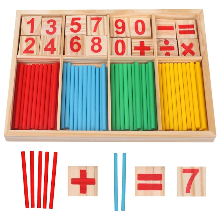 Set jucarii educative TasyPins, matematica, lemn, multicolor, 24x3x16cm