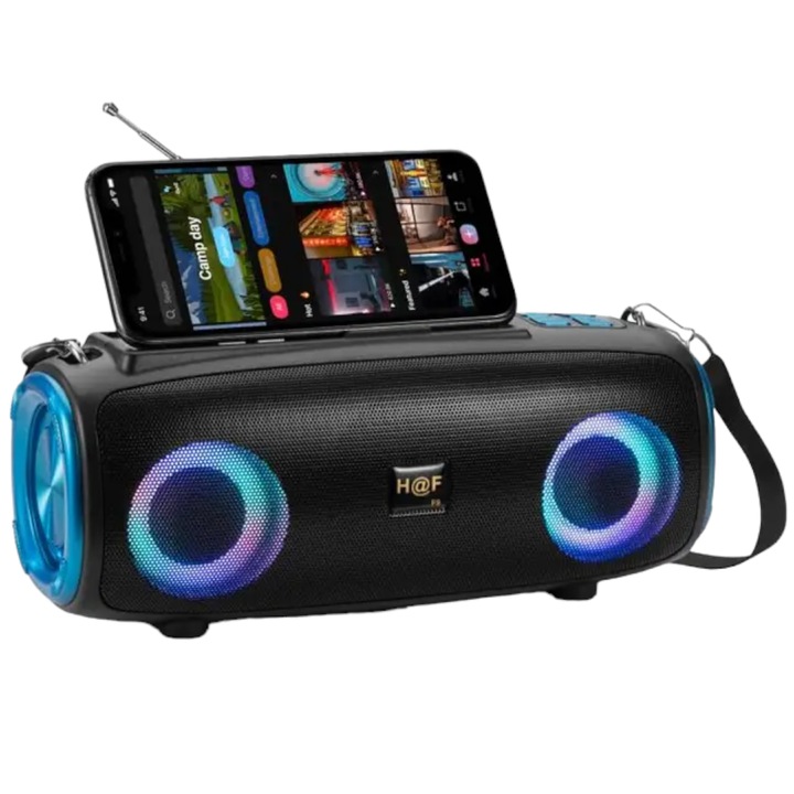 Boxa portabila cu bluetooth si radio FM, joc de lumini, RGB, incarcare solara, USB, TF, AUX, negru