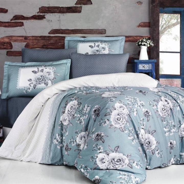 Royal Elegance szatén ágynemű, 4 részes, kétszemélyes ágyra, 260x240 cm, türkiz és fehér