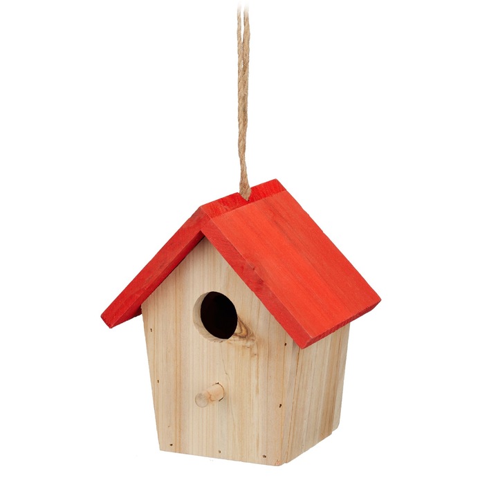 Casuta decorativa pentru pasari, acoperis rosu, din lemn, pentru gradina sau balcon, 16 x 15 x 11 cm