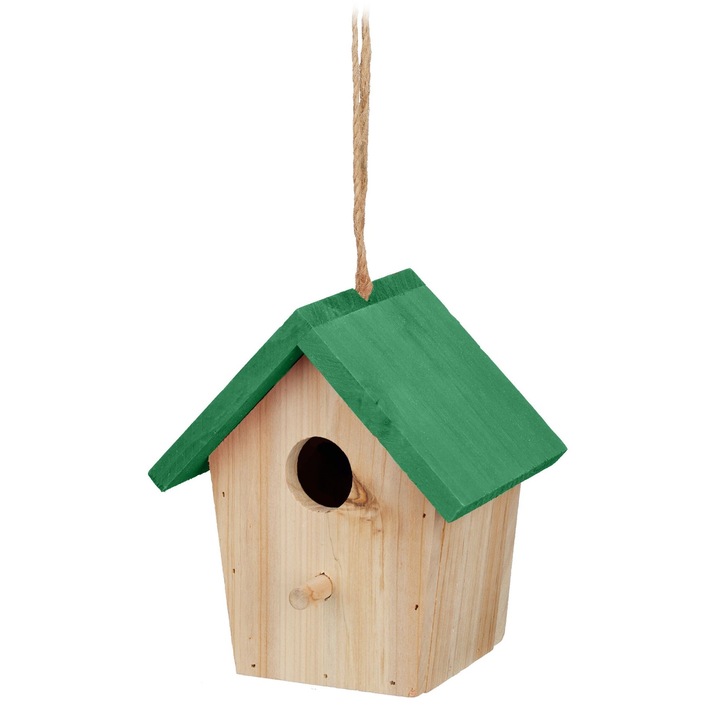 Casuta decorativa pentru pasari, acoperis verde, din lemn, pentru gradina sau balcon, 16 x 15 x 11 cm