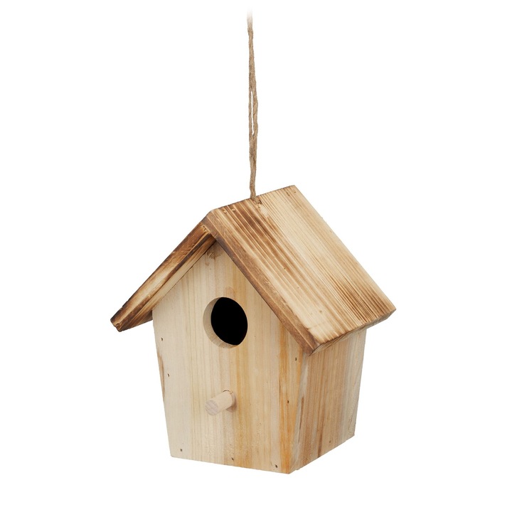 Casuta decorativa pentru pasari, din lemn de brad flambat, pentru gradina sau balcon, 16 x 15 x 11 cm