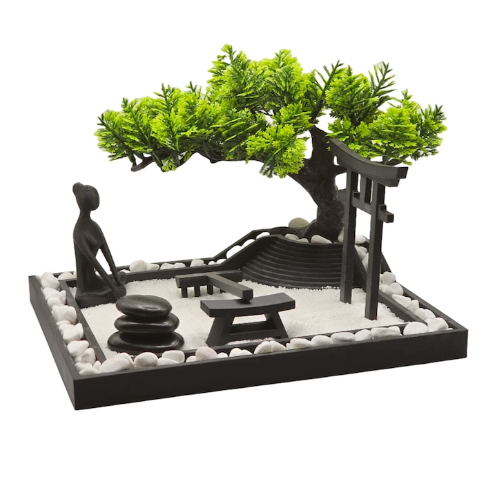 Kit relaxare gradina, Zen Garden, de inspiratie japoneza, cu accesorii incluse, negru, plastic, printat 3D, 180x180x100 mm
