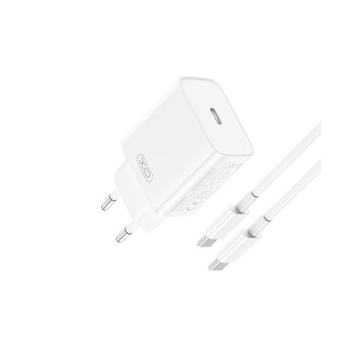 Hálózati töltőfej, adapter, USB-C (Type-C) port + USB-C - USB-C adatkábel, töltőkábel, 1m 3A 20W, fehér, XO CE15