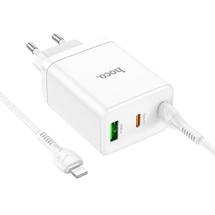 HOCO N33- USB / 2x Type-C (USB-C) portos fehér hálózati töltőfej 3A 35W + Type-C (USB-C) / Lightning kábel (1m) ﻿