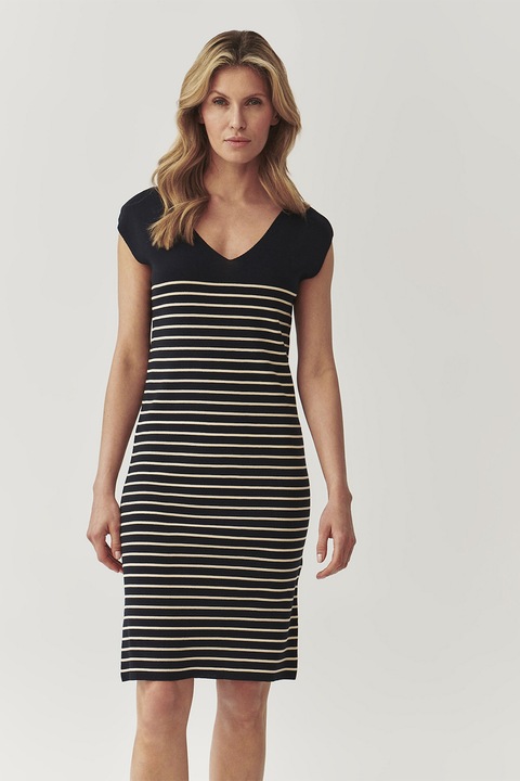 Tatuum, Rochie scurta cu model in dungi si decolteu in V, Alb fildes/Negru