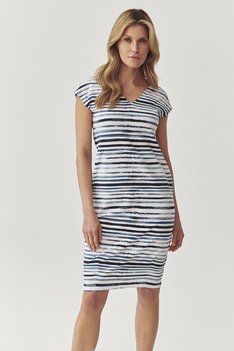 Tatuum, Rochie cu decolteu in V si buzunare laterale, Alb/Albastru, 34