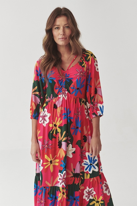 Tatuum, Rochie lunga cu model si decolteu in V, Verde/Roz aprins/Albastru royal