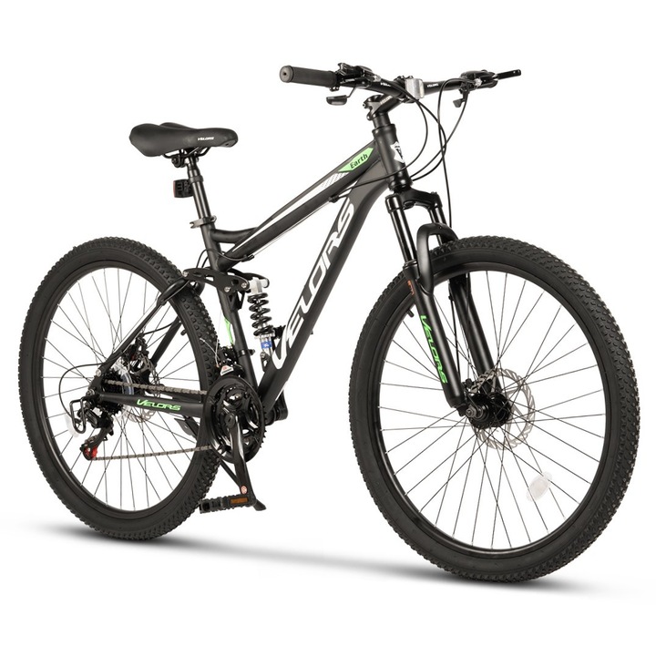 Bicicleta MTB de munte Velors Matador JSX2660, Shimano, suspensie fata/spate Genius, roata 26 inch, frane pe disc, 21 viteze, negru cu verde