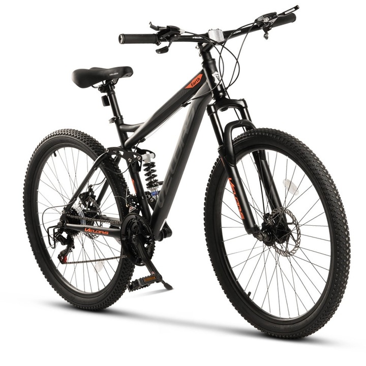 Bicicleta MTB de munte Velors Matador JSX2660, Shimano, suspensie fata/spate Genius, roata 26 inch, frane pe disc, 21 viteze, gri cu portocaliu