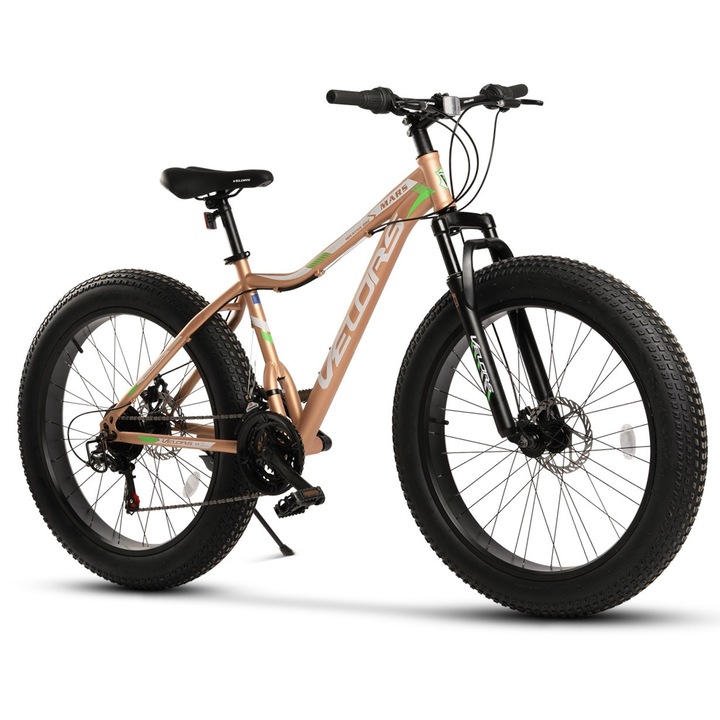 Bicicleta MTB Fat Bike Wolf JSX2605D, brand Velors, roata 26 inch, MTB, frana Disc fata/spate, echipare Shimano. 21 Viteze, maro cu argintiu
