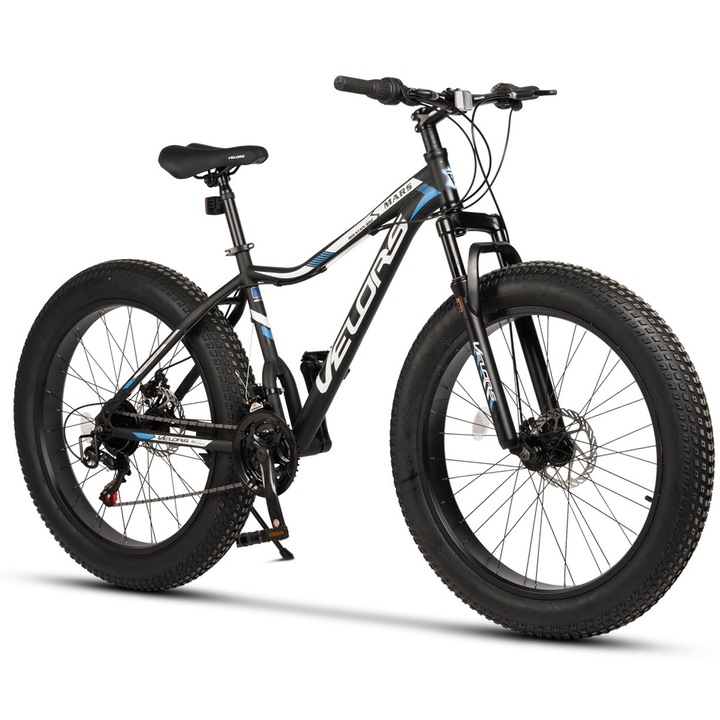 Bicicleta MTB Fat Bike Wolf JSX2605D, brand Velors, roata 26 inch, MTB, frana Disc fata/spate, echipare Shimano. 21 Viteze, negru cu albastru