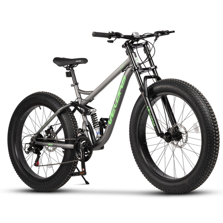Bicicleta MTB Fat Bike Full Suspension Smooth Ride JSX26309, brand Velors, roata 26 inch, MTB, frana Disc fata/spate, echipare Shimano 21 Viteze, gri cu verde