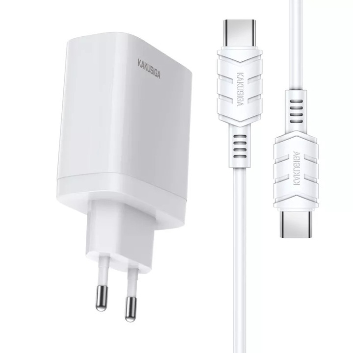 Kakusiga hálózati töltő, 40W PD, Gyorstöltés 3.0, 2 USB-C port + Type C kábel, Fehér